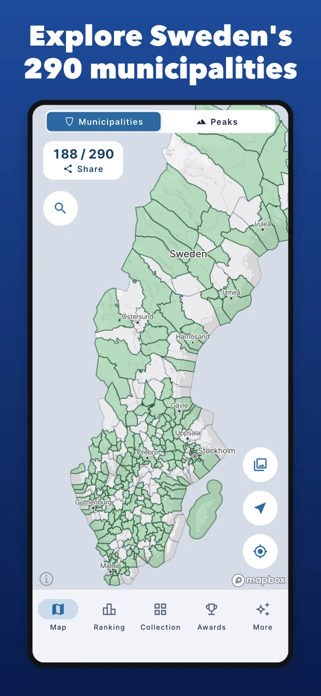 Map of Sweden with visited municipalities highlighted
