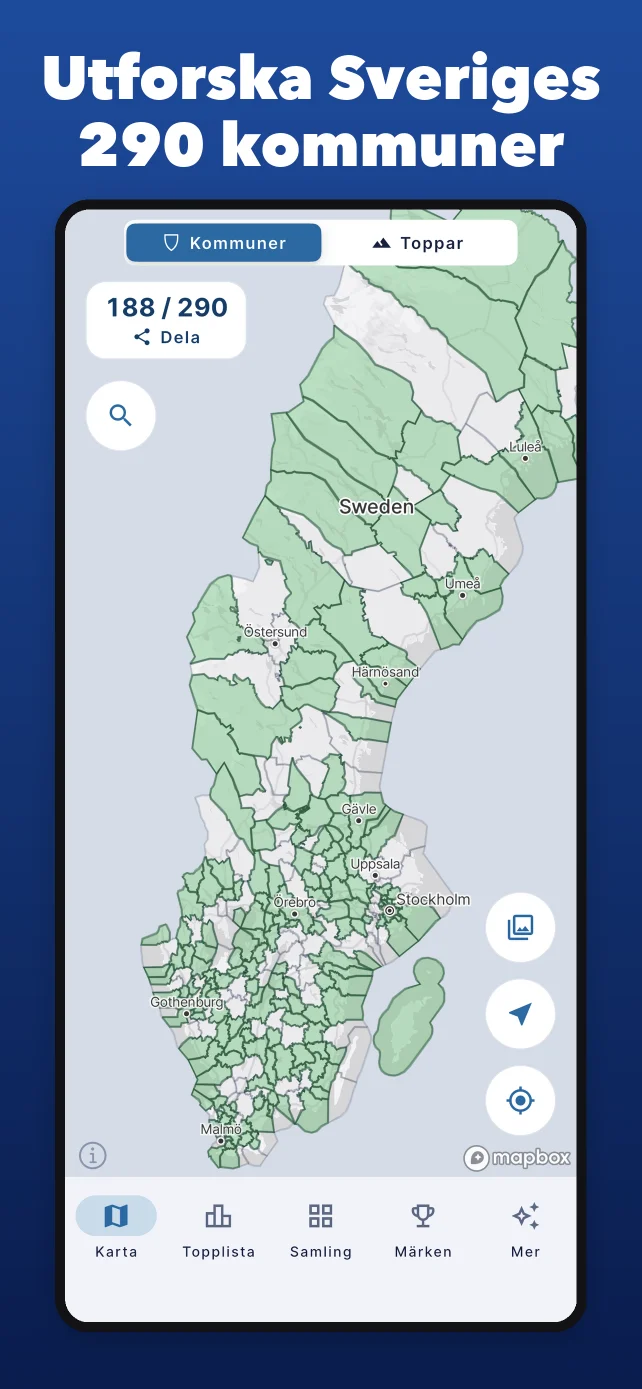 Karta över Sverige med besökta kommuner markerade